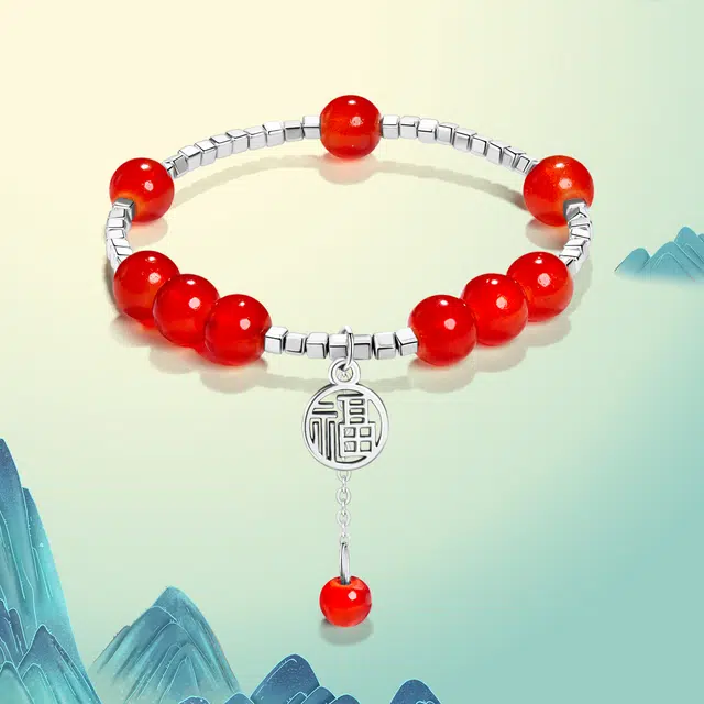 北隐 国风新中式招财转运招桃花 复古红小众闺蜜 拼接组合 琉璃 玉石手链 男女同款情侣款 恋爱告白 礼盒款