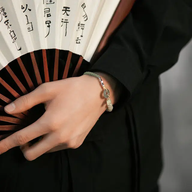 北隐 国风新中式招财转运平安扣碎银几两编织 森系小清新转运福牌 闺蜜女神母亲 和田玉 手链 男女同款情侣款 青白玉 长辈 礼盒款