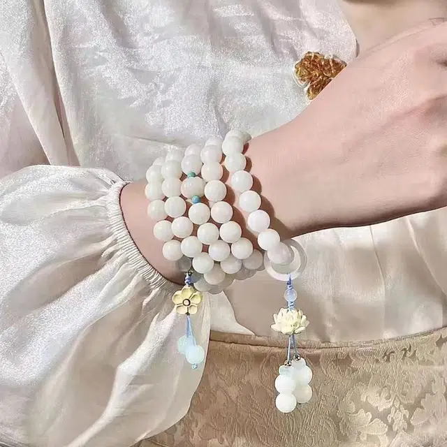 北隐 平安长乐 新中式转运上岸莲花 考试顺利国风素雅小众复古文玩盘串 多圈白色百搭大气 菩提根 手串 男女同款情侣款