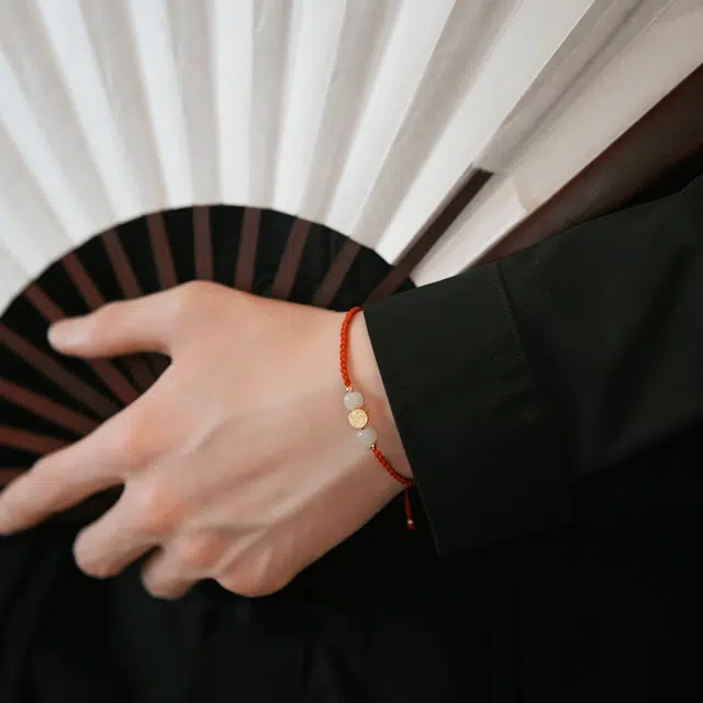 北隐 国潮新中式招财转运珠 平安如意爱你表白情人小众闺蜜手工编织红绳 和田玉 手链 男女同款情侣款 青白玉 长辈 礼盒款