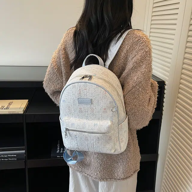 轩玺 可爱小熊蝴蝶结百搭通勤上课 牛津布 书包背包双肩包 女款 米白