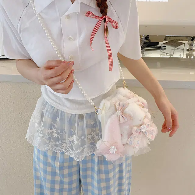 轩玺 软萌可爱少女心洛丽塔兔子珍珠链条 毛绒 单肩包斜挎包 女款 粉红色/白色