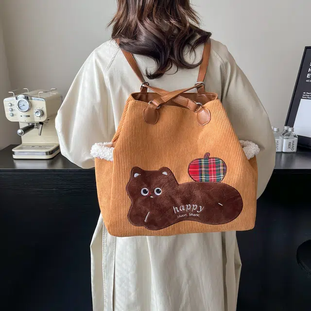 轩玺 韩系大容量时尚可爱猫咪百搭通勤 灯芯绒 双肩单肩包 大号 女款 多色