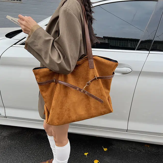 轩玺 韩系大容量复古小众托特包日常通勤 麂皮 单肩包 女款 棕色/咖色/黑色