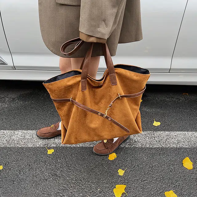 轩玺 韩系大容量复古小众托特包日常通勤 麂皮 单肩包 女款 棕色/咖色/黑色