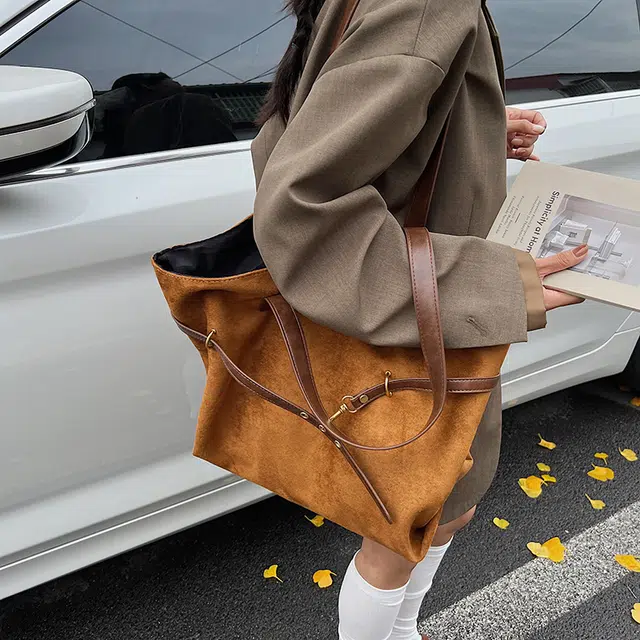 轩玺 韩系大容量复古小众托特包日常通勤 麂皮 单肩包 女款 棕色/咖色/黑色