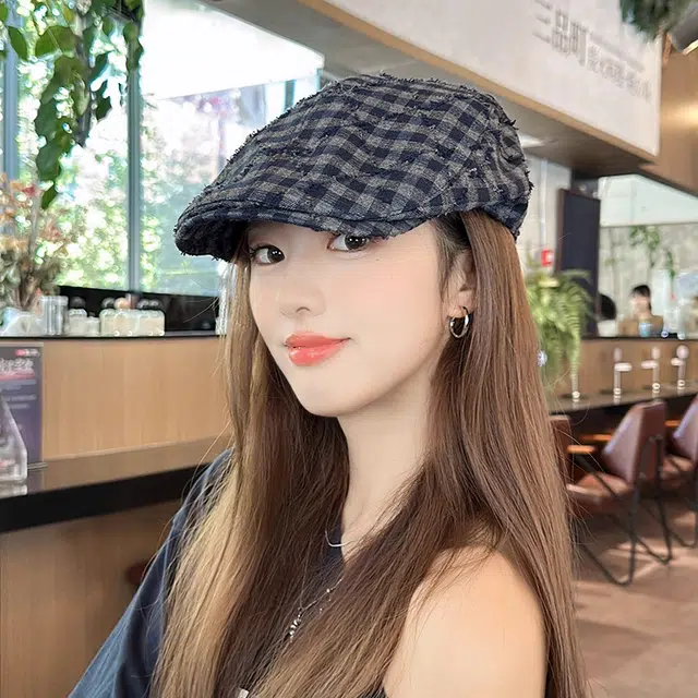 朵澜 复古格子前进帽女春秋韩系百搭报童帽大头围显脸小帽子 腈纶 贝雷帽 男女同款情侣款 藏青色酒红色黑色