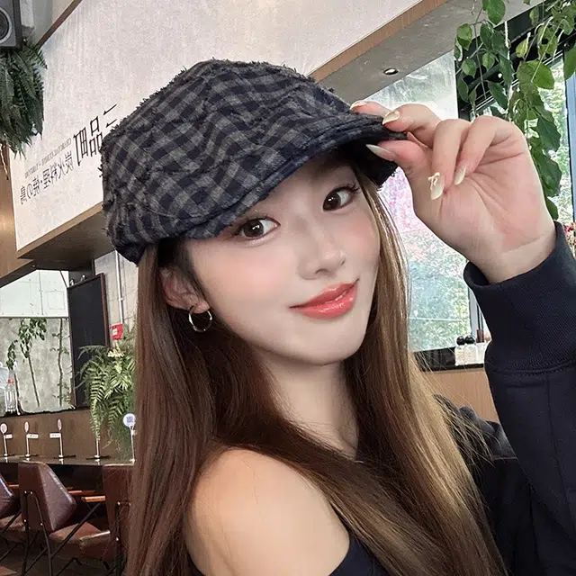 朵澜 复古格子前进帽女春秋韩系百搭报童帽大头围显脸小帽子 腈纶 贝雷帽 男女同款情侣款 藏青色酒红色黑色