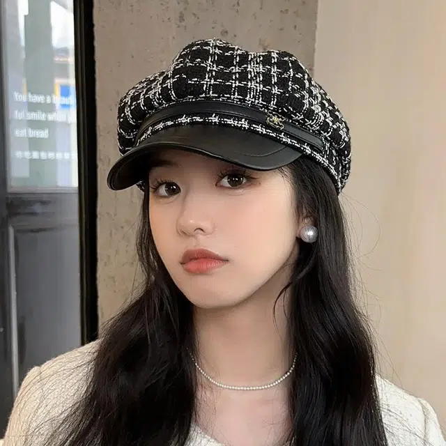 朵澜 复古皮檐八角帽秋冬格纹百搭时尚英伦风 聚酯纤维 贝雷帽 女款