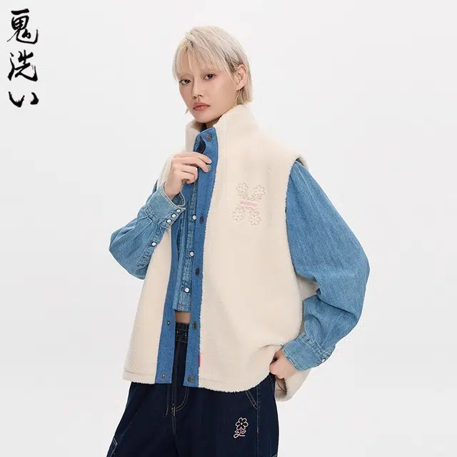 鬼洗 花纹刺绣羊羔绒牛仔纯色立领通勤马甲 女款