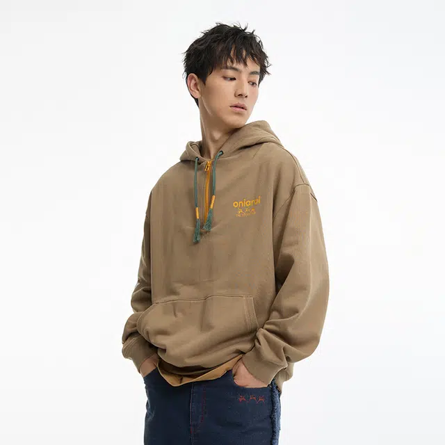 鬼洗 手印壁画印花连帽套头卫衣 男款 咖啡色