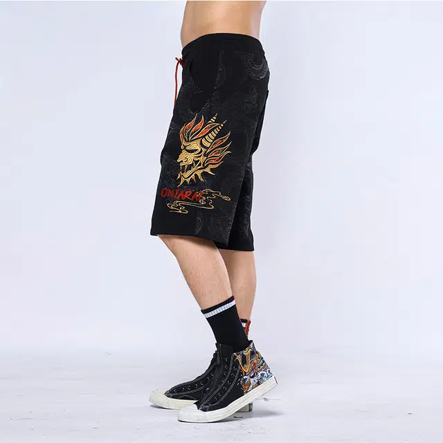 鬼洗 大和魂器物玉龙爪针织休闲短裤 男款 黑色