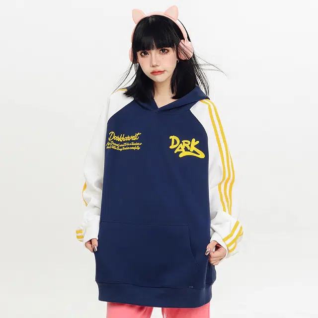 识恩 国潮美式复古拼接撞色长袖刺绣卫衣 男女同款