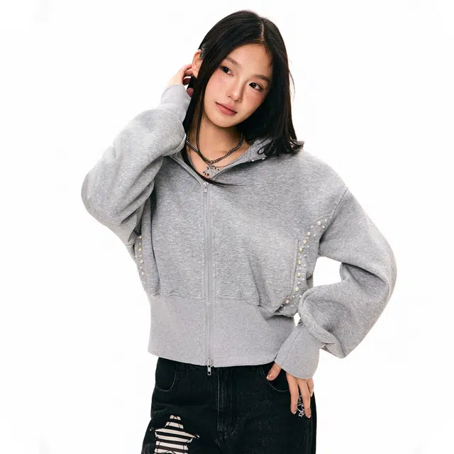 哒头下雨不愁 美式复古设计感宽松连帽珍珠钉珠开衫秋季百搭外套卫衣 女款