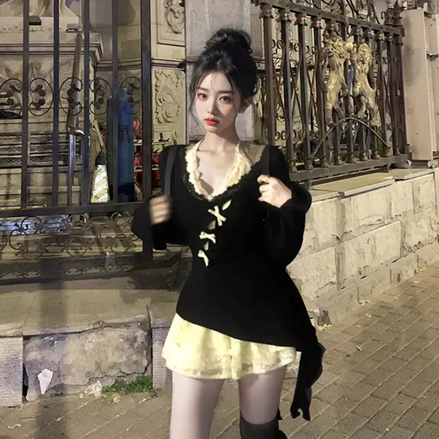 依钗 韩系小个子纯欲风针织罩衫蕾丝拼接连衣裙多种穿搭场合适用裙装套装 女款