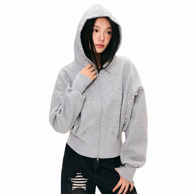 哒头下雨不愁 美式复古设计感宽松连帽珍珠钉珠开衫秋季百搭外套卫衣 女款