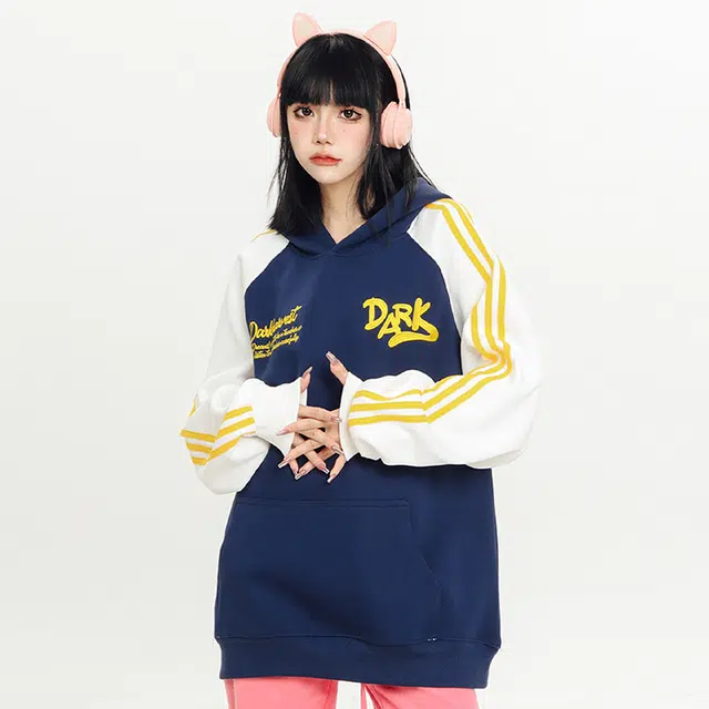 识恩 国潮美式复古拼接撞色长袖刺绣卫衣 男女同款