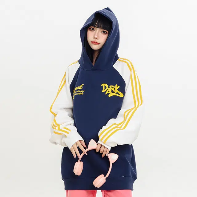 识恩 国潮美式复古拼接撞色长袖刺绣卫衣 男女同款