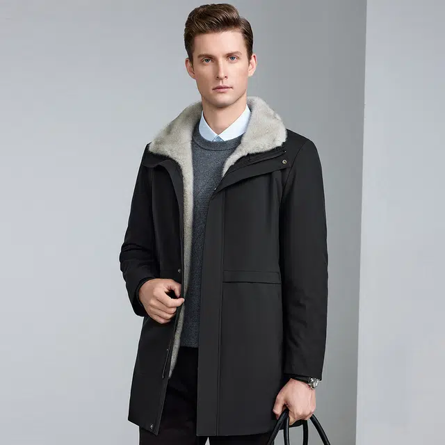 富铤 纯色简约仿水貂毛内胆保暖翻领三合一仿皮草外套派克服 男款 黑色