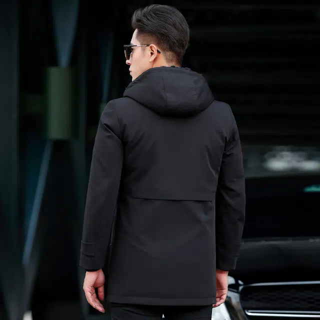 富铤 简约纯色宽松连帽防寒保暖加厚中长款外套派克服 男款 黑色