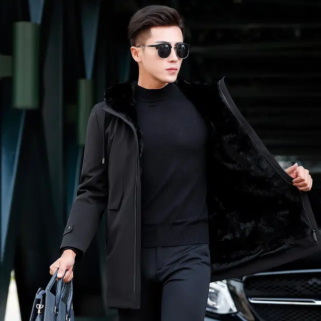 富铤 简约纯色宽松连帽防寒保暖加厚中长款外套派克服 男款 黑色