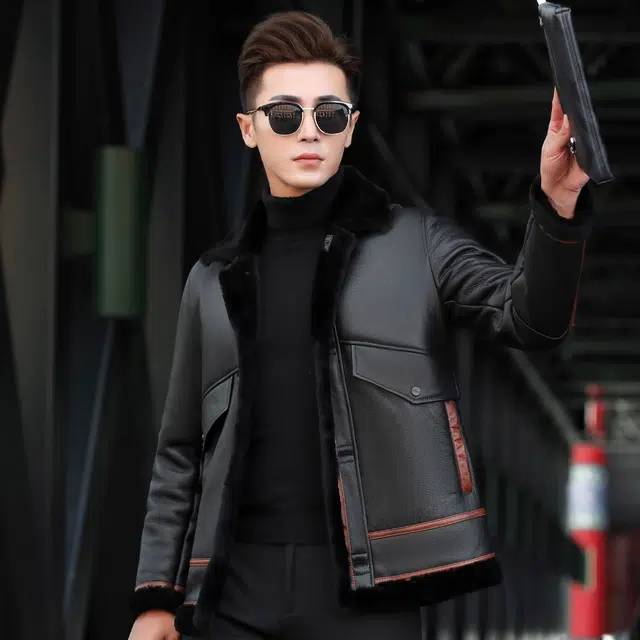 富铤 撞色皮毛一体保暖防风加厚翻领休闲真皮皮衣 男款 黑色