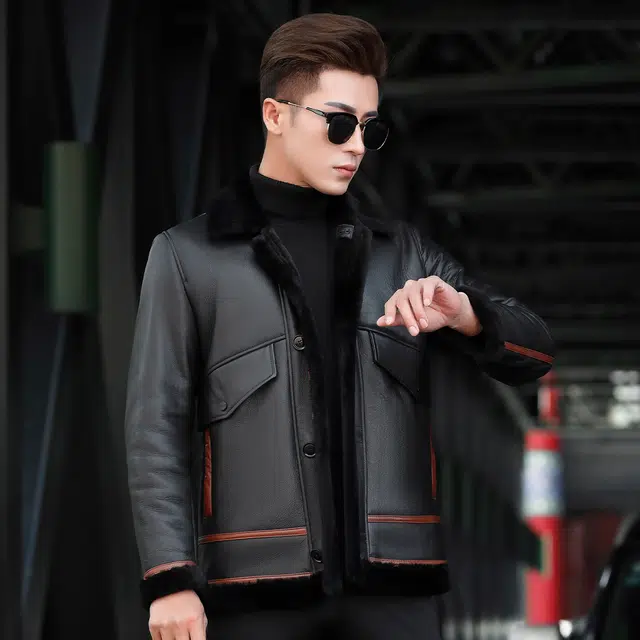 富铤 撞色皮毛一体保暖防风加厚翻领休闲真皮皮衣 男款 黑色