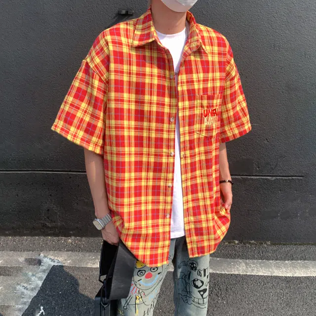 松岚 街头美式嘻哈撞色格纹字母刺绣设计感中性酷飒痞帅个性无性别主义宽松百搭户外日常通勤单排扣开衫短袖衬衫 男女同款