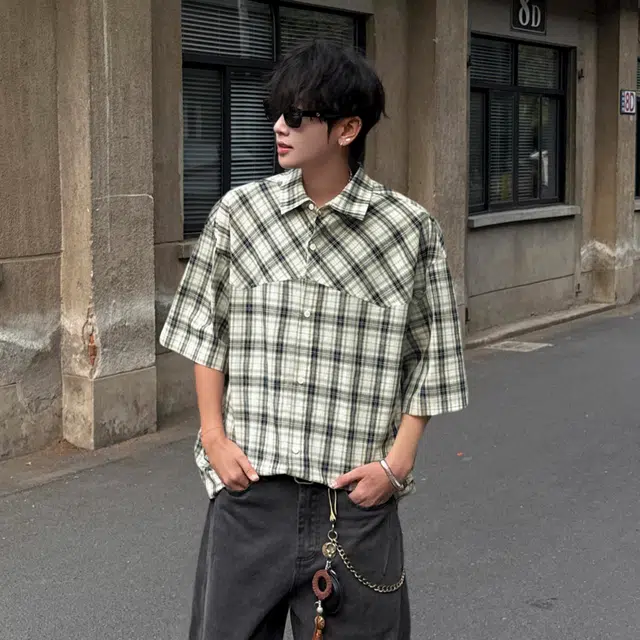 松岚 美式复古潮牌经典条纹基础款宽松百搭轻薄透气松弛感日常通勤运动休闲吸湿排汗抗皱易打理凉感单排扣翻领短袖衬衫 男女同款