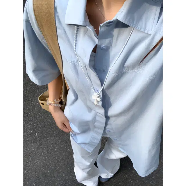 松岚 美复古学院风经典简约纯色基础款单排扣宽松休闲户外日常通勤潮牌通勤百搭高街风日系舒适柔软短袖衬衫 男女同款