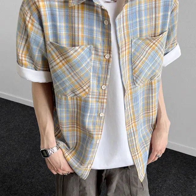 松岚 格子多巴胺美式复古青春翻领活力舒适百搭文艺风短袖衬衫 男女同款