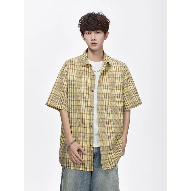 松岚 美式高街条纹设计高街风高级时尚时髦户外通勤短袖衬衫 男女同款