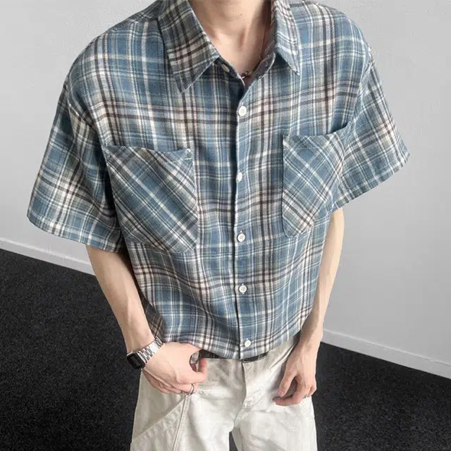 松岚 格子多巴胺美式复古青春翻领活力舒适百搭文艺风短袖衬衫 男女同款