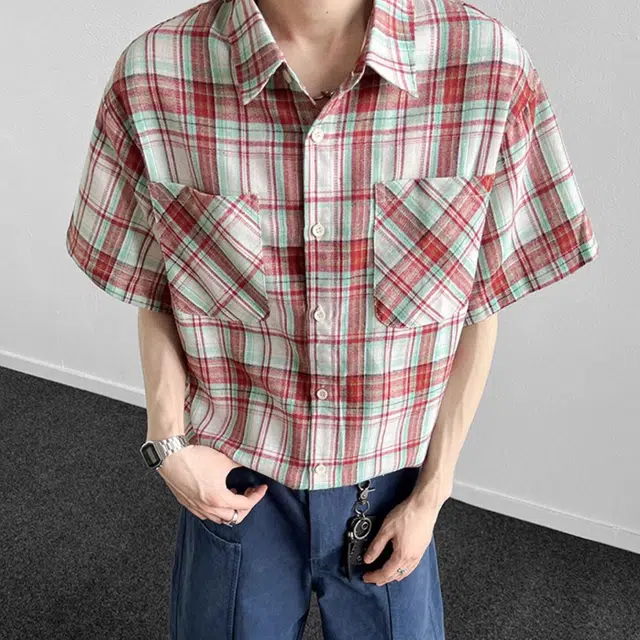 松岚 格子多巴胺美式复古青春翻领活力舒适百搭文艺风短袖衬衫 男女同款