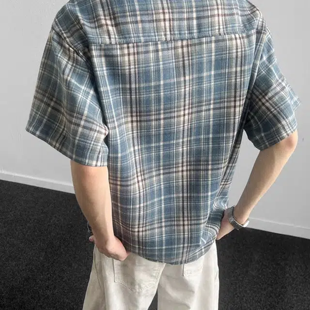 松岚 格子多巴胺美式复古青春翻领活力舒适百搭文艺风短袖衬衫 男女同款