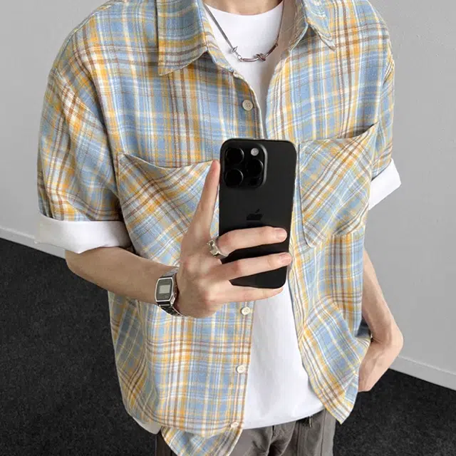 松岚 格子多巴胺美式复古青春翻领活力舒适百搭文艺风短袖衬衫 男女同款