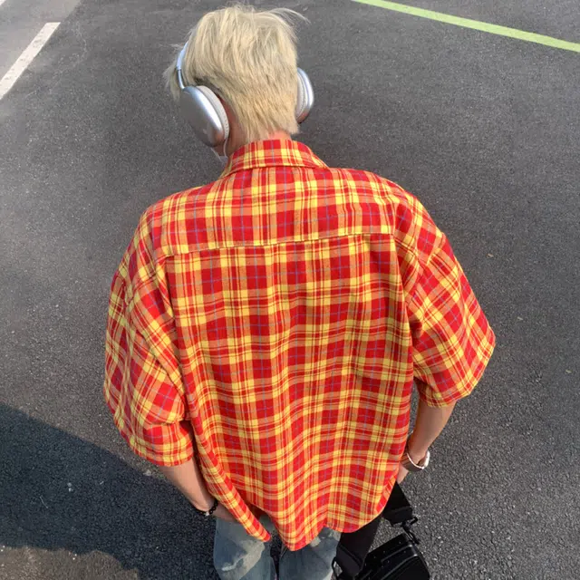 松岚 街头美式嘻哈撞色格纹字母刺绣设计感中性酷飒痞帅个性无性别主义宽松百搭户外日常通勤单排扣开衫短袖衬衫 男女同款