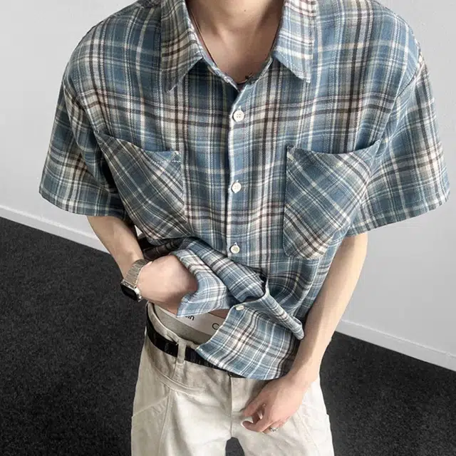 松岚 格子多巴胺美式复古青春翻领活力舒适百搭文艺风短袖衬衫 男女同款