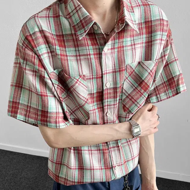 松岚 格子多巴胺美式复古青春翻领活力舒适百搭文艺风短袖衬衫 男女同款