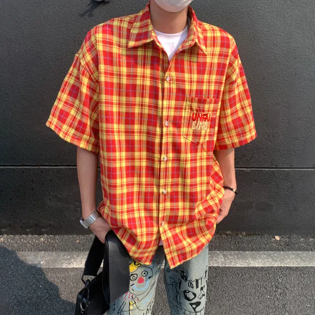 松岚 街头美式嘻哈撞色格纹字母刺绣设计感中性酷飒痞帅个性无性别主义宽松百搭户外日常通勤单排扣开衫短袖衬衫 男女同款