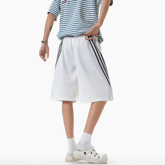 松岚 时尚潮流美式复古三条杠织带拼接设计感松紧腰抽绳系带独特痞帅无性别主义简约纯色基础款宽松百搭舒适运动五分休闲短裤 男女同款