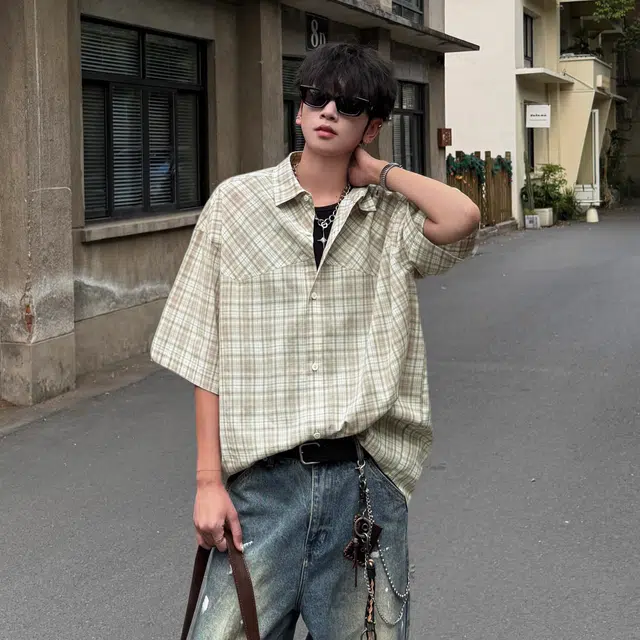 松岚 美式复古潮牌经典条纹基础款宽松百搭轻薄透气松弛感日常通勤运动休闲吸湿排汗抗皱易打理凉感单排扣翻领短袖衬衫 男女同款