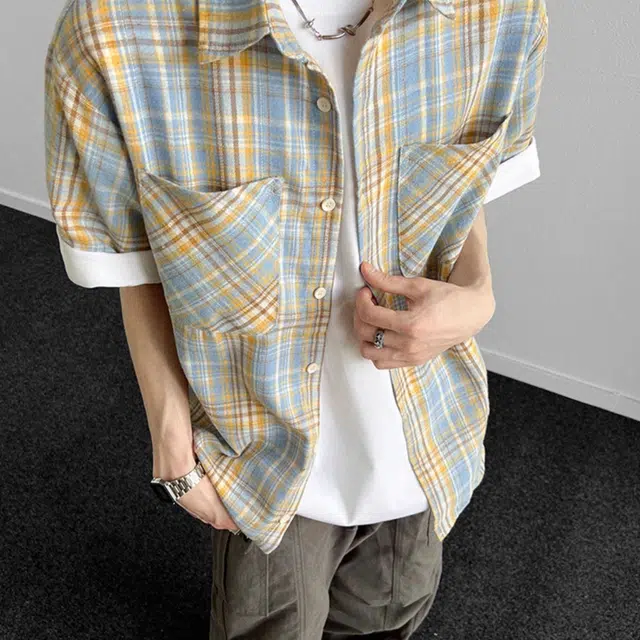 松岚 格子多巴胺美式复古青春翻领活力舒适百搭文艺风短袖衬衫 男女同款
