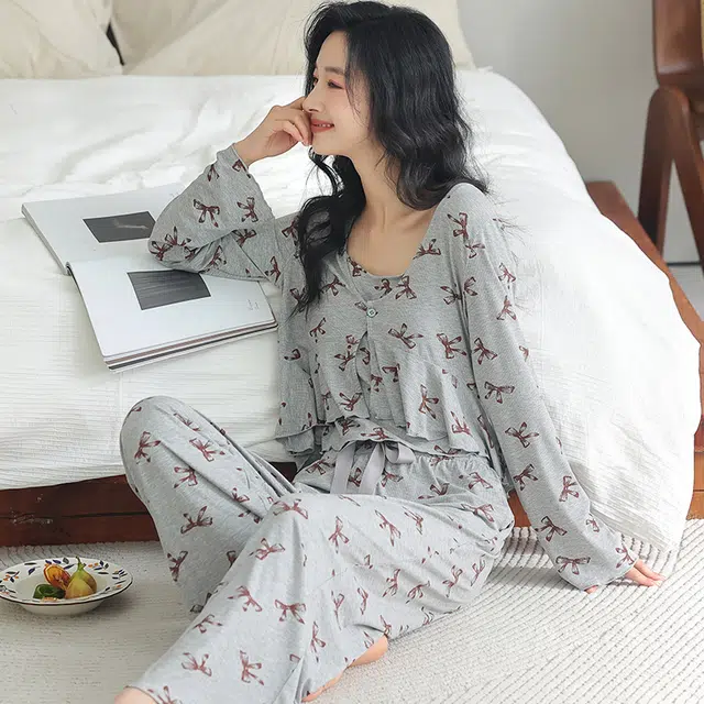 浪莎 简约休闲可外穿长袖长裤夏季睡衣套装 女款 灰色蝴蝶