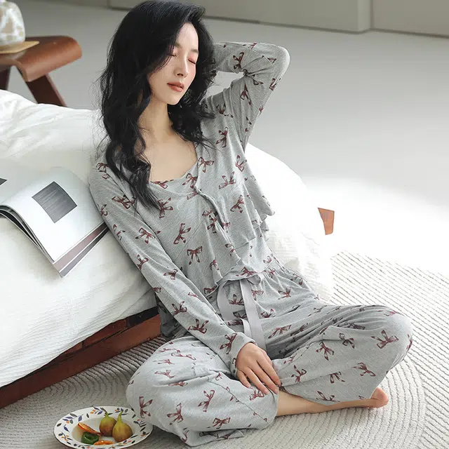 浪莎 简约休闲可外穿长袖长裤夏季睡衣套装 女款 灰色蝴蝶