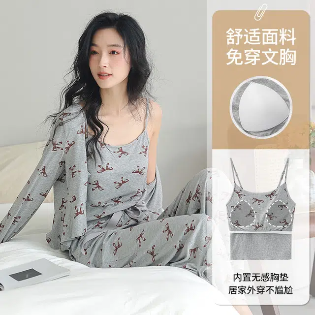 浪莎 简约休闲可外穿长袖长裤夏季睡衣套装 女款 灰色蝴蝶