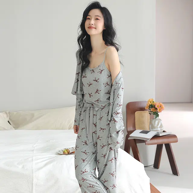 浪莎 简约休闲可外穿长袖长裤夏季睡衣套装 女款 灰色蝴蝶