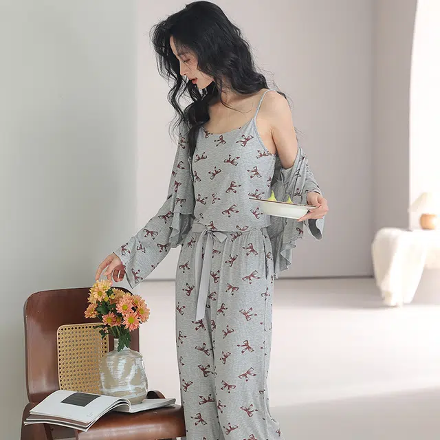 浪莎 简约休闲可外穿长袖长裤夏季睡衣套装 女款 灰色蝴蝶