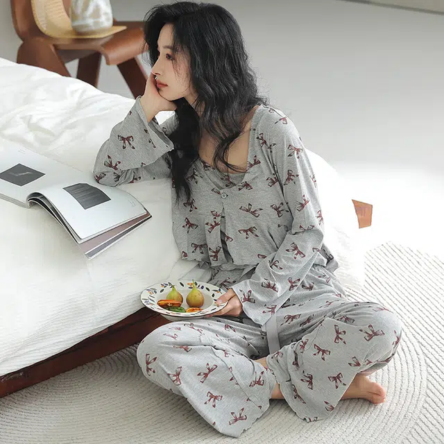 浪莎 简约休闲可外穿长袖长裤夏季睡衣套装 女款 灰色蝴蝶