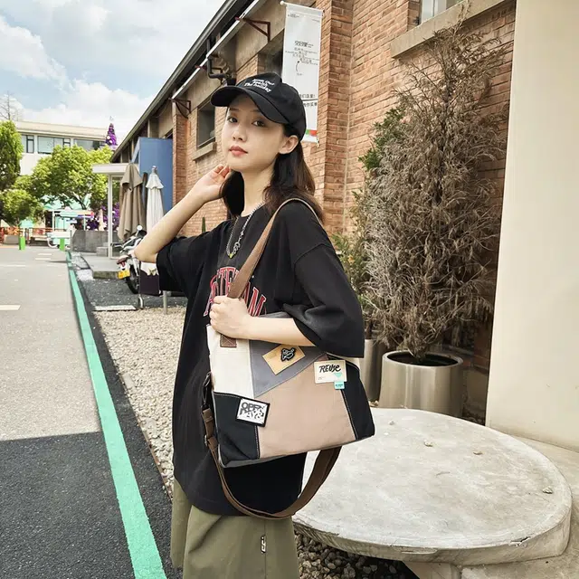 德力熊 女生双色单肩包时尚撞色复古大容量托特包新款手提包斜挎包单肩包 帆布 女款 多色